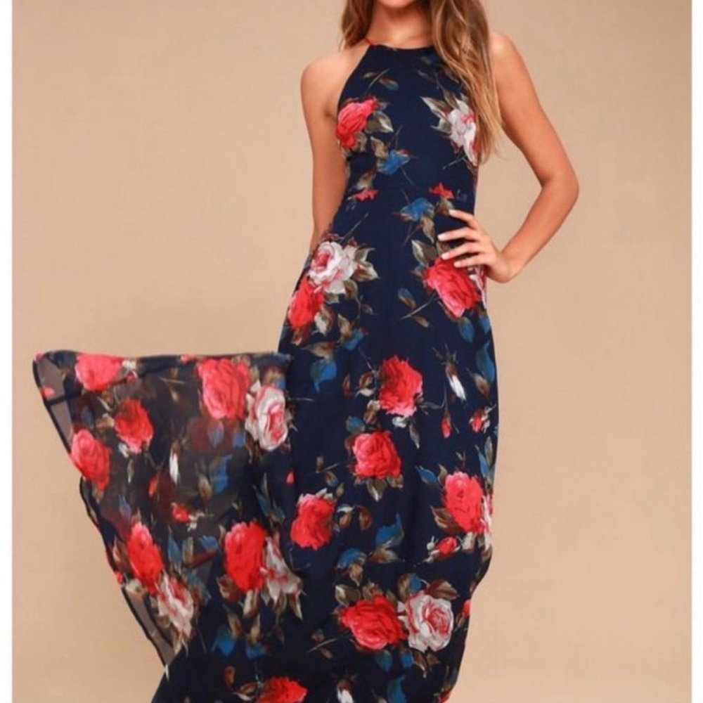 Lulus Debut Navy Blue Floral Print Lace-Up Maxi Dress- Size small